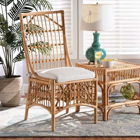 BAXTON STUDIO Rose Modern Bohemian White Fabric Upholstered and Natural Brown Rattan Dining Chair 203-12589